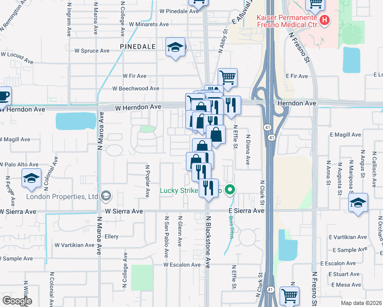 map of restaurants, bars, coffee shops, grocery stores, and more near 37 Balboa Drive in Fresno
