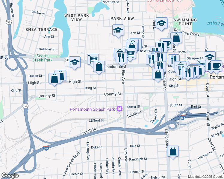 map of restaurants, bars, coffee shops, grocery stores, and more near 601 Armstrong Street in Portsmouth