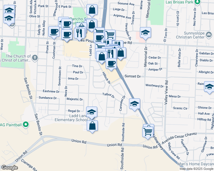 map of restaurants, bars, coffee shops, grocery stores, and more near 1960 Morning Glory Dr in Hollister