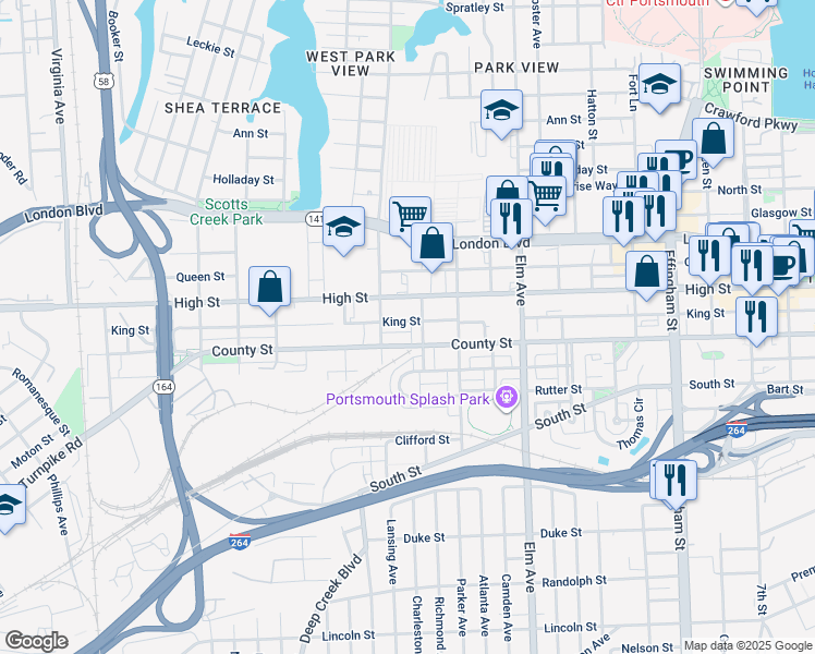 map of restaurants, bars, coffee shops, grocery stores, and more near 1503 King Street in Portsmouth
