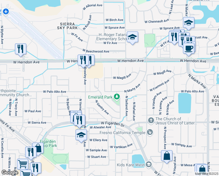 map of restaurants, bars, coffee shops, grocery stores, and more near 6625 North Knoll Avenue in Fresno