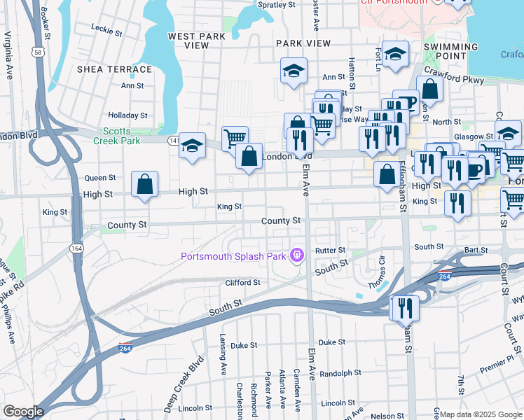 map of restaurants, bars, coffee shops, grocery stores, and more near 600 Godwin Street in Portsmouth