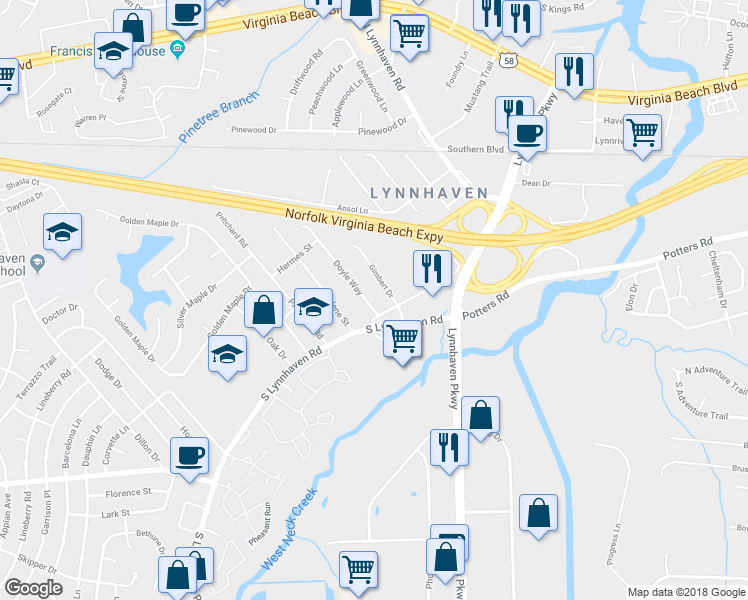 map of restaurants, bars, coffee shops, grocery stores, and more near 256 Doyle Way in Virginia Beach