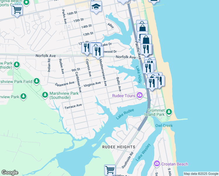 map of restaurants, bars, coffee shops, grocery stores, and more near 530 Carolina Avenue in Virginia Beach
