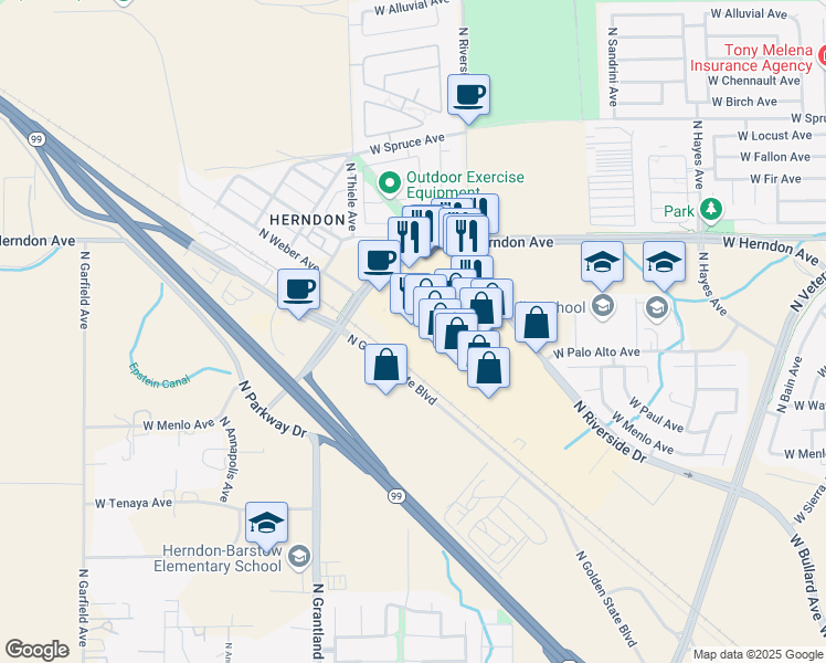 map of restaurants, bars, coffee shops, grocery stores, and more near 6655 North Riverside Drive in Fresno