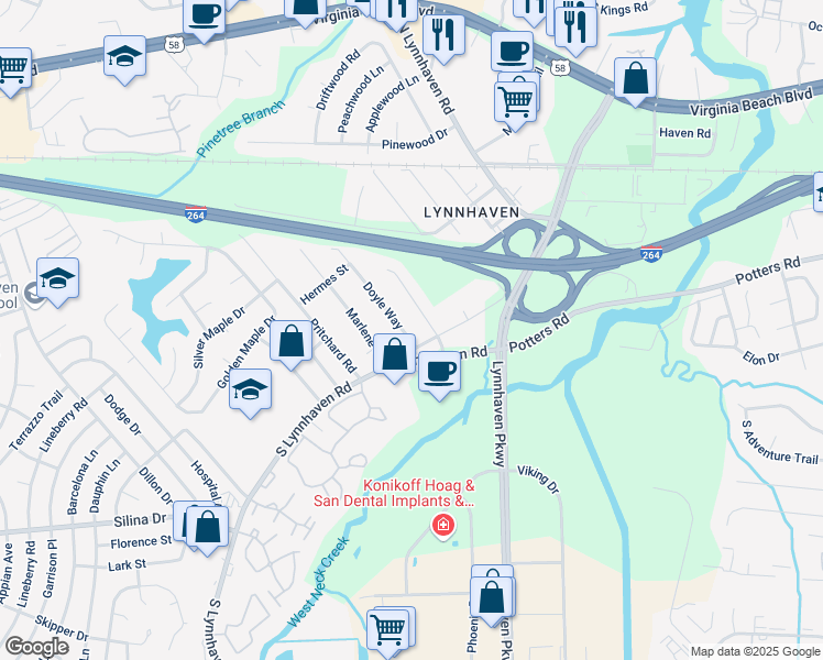 map of restaurants, bars, coffee shops, grocery stores, and more near 256 Doyle Way in Virginia Beach