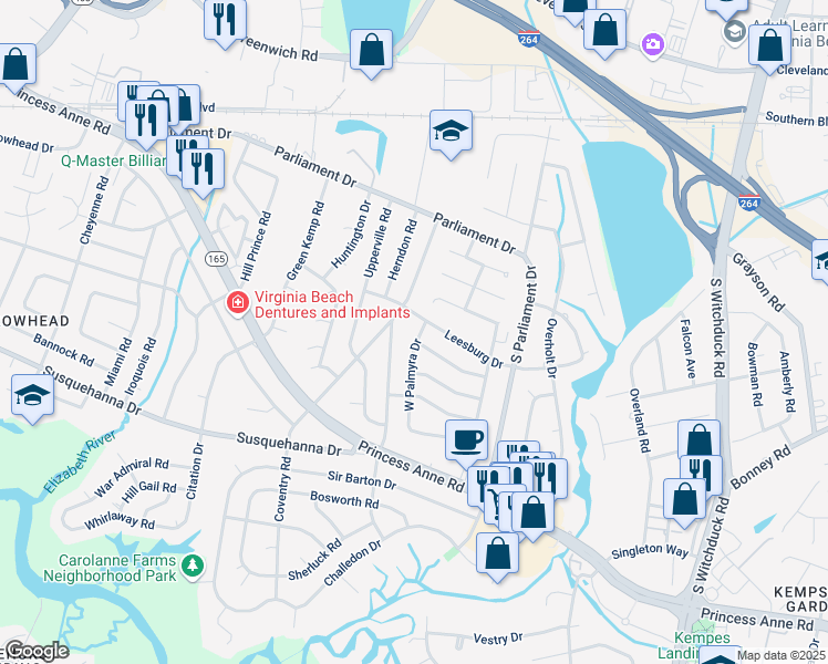 map of restaurants, bars, coffee shops, grocery stores, and more near 304 West Palmyra Drive in Virginia Beach