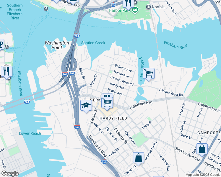 map of restaurants, bars, coffee shops, grocery stores, and more near 134 Poplar Avenue in Norfolk