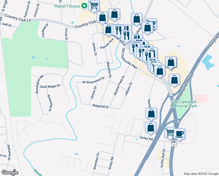 map of restaurants, bars, coffee shops, grocery stores, and more near 401-499 Marietta Dr in Hopkinsville