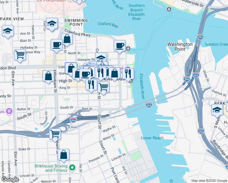 map of restaurants, bars, coffee shops, grocery stores, and more near 200 County Street in Portsmouth