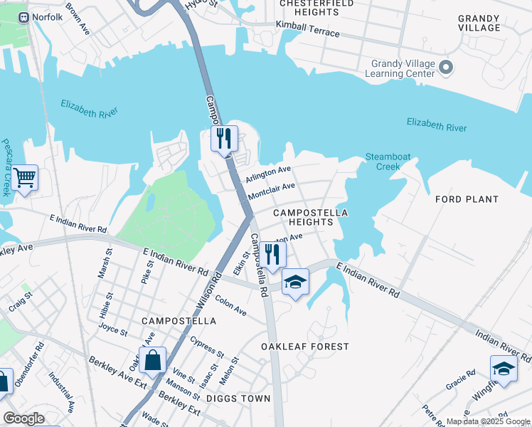 map of restaurants, bars, coffee shops, grocery stores, and more near 1715 Springfield Avenue in Norfolk