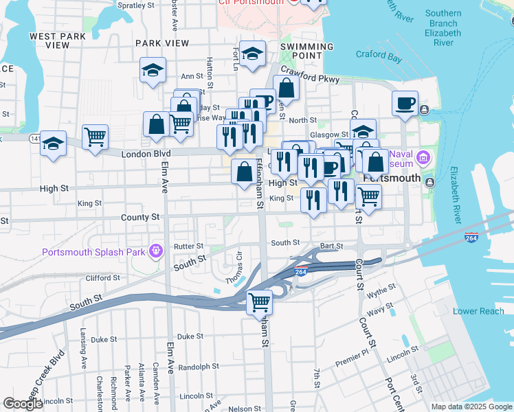 map of restaurants, bars, coffee shops, grocery stores, and more near 622 Effingham Street in Portsmouth