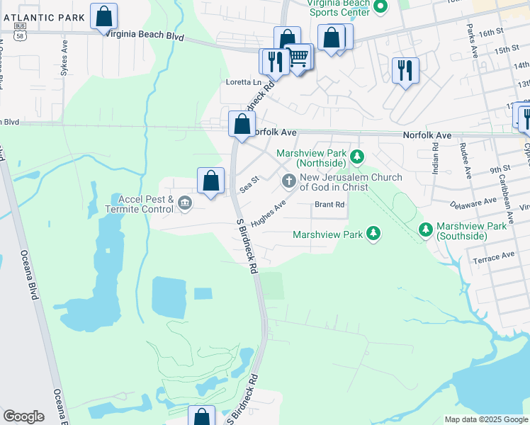 map of restaurants, bars, coffee shops, grocery stores, and more near 161 Hughes Avenue in Virginia Beach