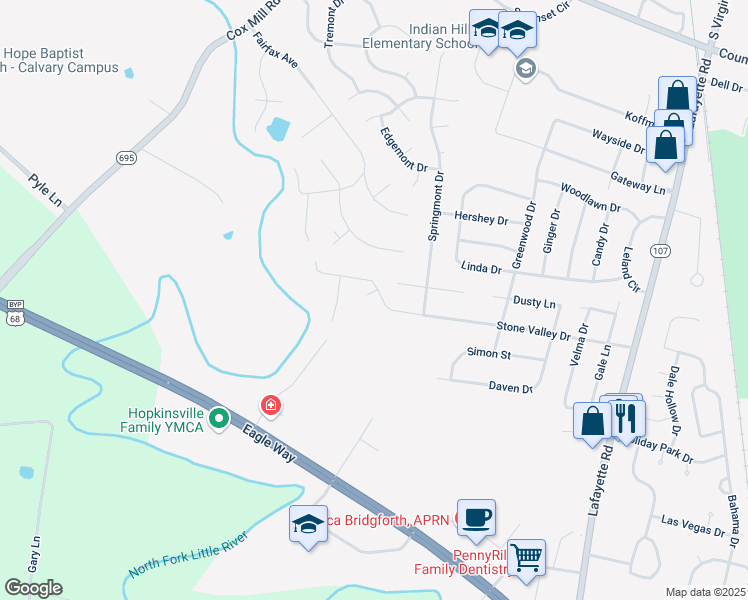 map of restaurants, bars, coffee shops, grocery stores, and more near 4001 Huntington Court in Hopkinsville