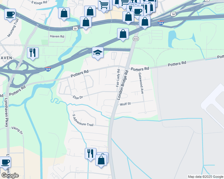 map of restaurants, bars, coffee shops, grocery stores, and more near 2236 Elon Drive in Virginia Beach