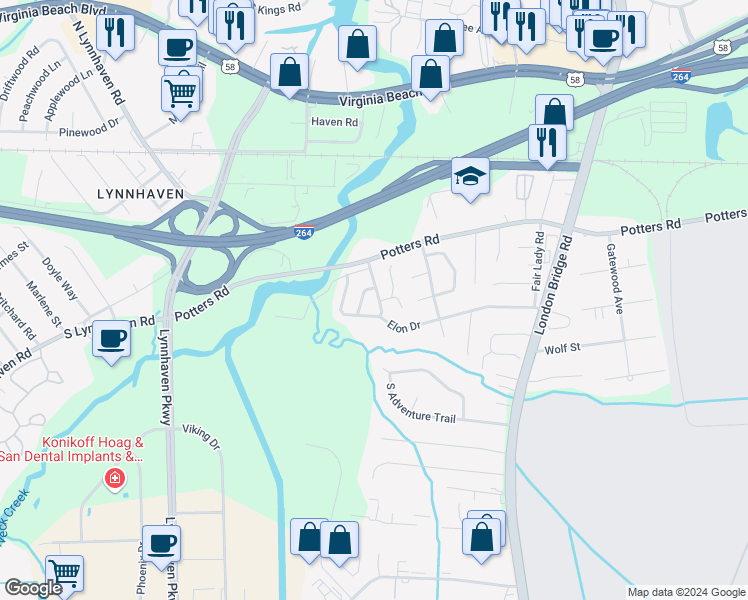 map of restaurants, bars, coffee shops, grocery stores, and more near 233 Dalebrook Drive in Virginia Beach