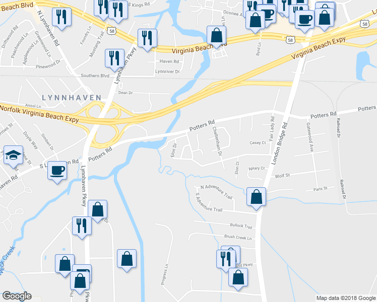 map of restaurants, bars, coffee shops, grocery stores, and more near 233 Dalebrook Drive in Virginia Beach