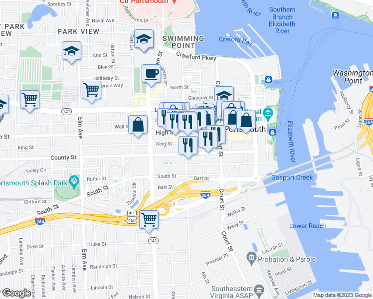 map of restaurants, bars, coffee shops, grocery stores, and more near 615 Washington St in Portsmouth