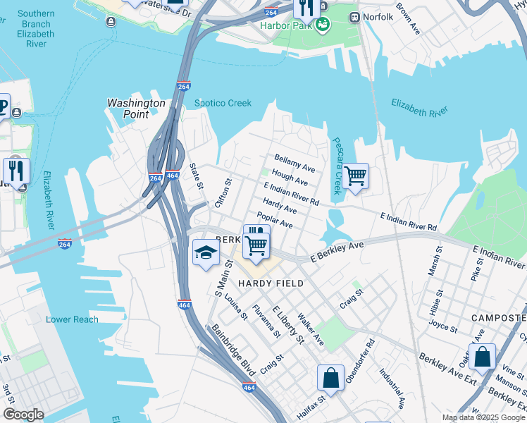 map of restaurants, bars, coffee shops, grocery stores, and more near 134 Poplar Avenue in Norfolk