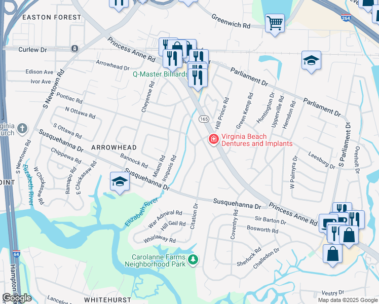 map of restaurants, bars, coffee shops, grocery stores, and more near 235 Hill Prince Road in Virginia Beach