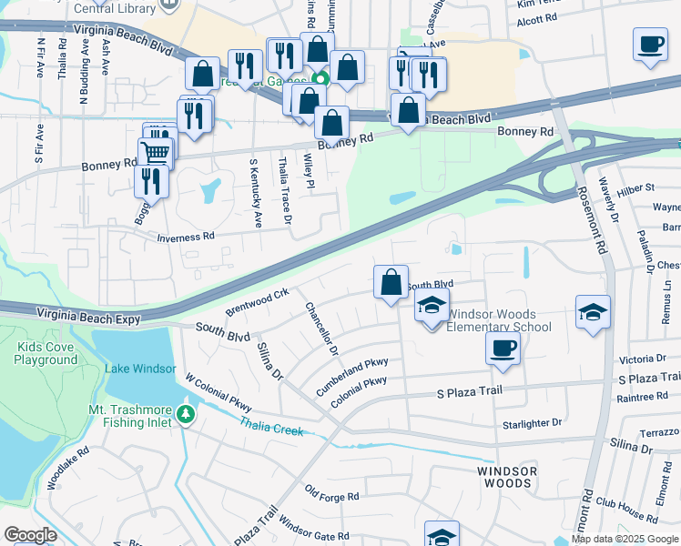 map of restaurants, bars, coffee shops, grocery stores, and more near 3813 Brentwood Crescent in Virginia Beach