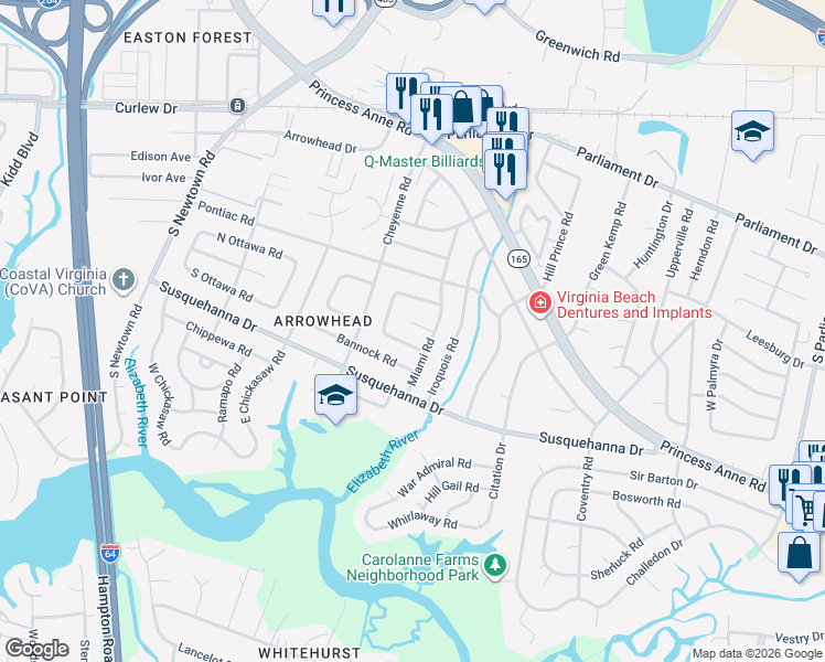 map of restaurants, bars, coffee shops, grocery stores, and more near 5609 Miami Court in Virginia Beach