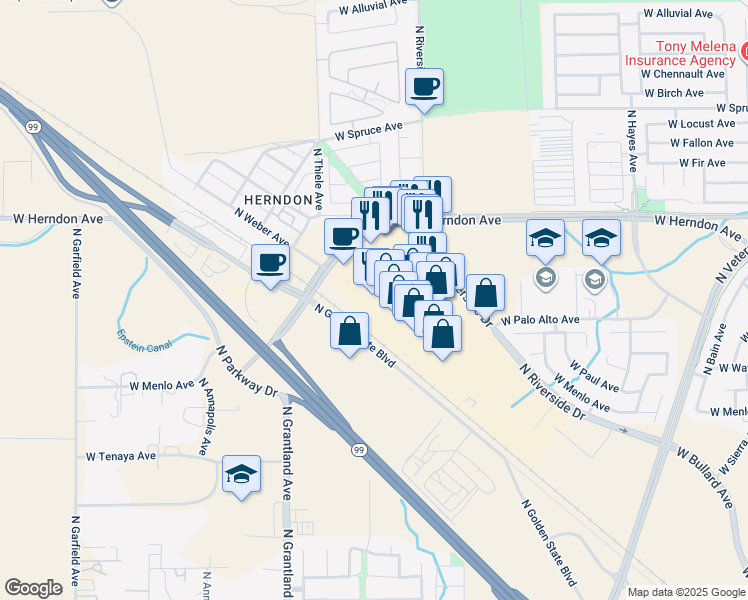 map of restaurants, bars, coffee shops, grocery stores, and more near 6655 North Riverside Drive in Fresno