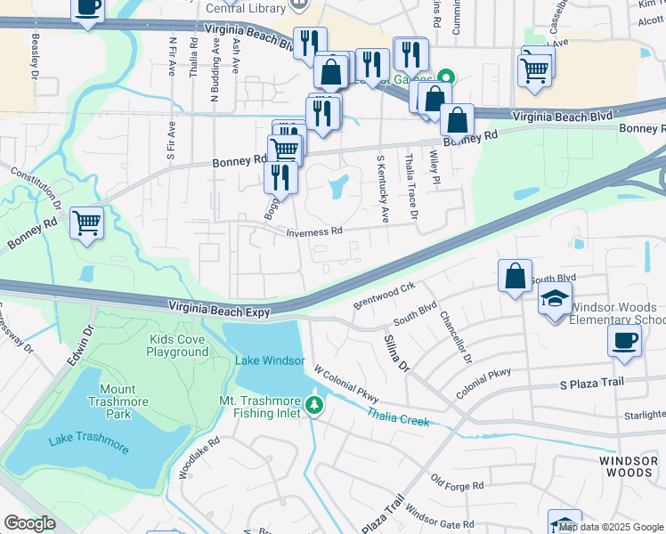 map of restaurants, bars, coffee shops, grocery stores, and more near 200 Shortleaf Court in Virginia Beach