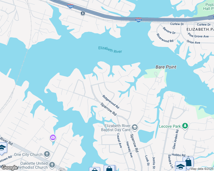 map of restaurants, bars, coffee shops, grocery stores, and more near 116 Goldcrest Drive in Chesapeake