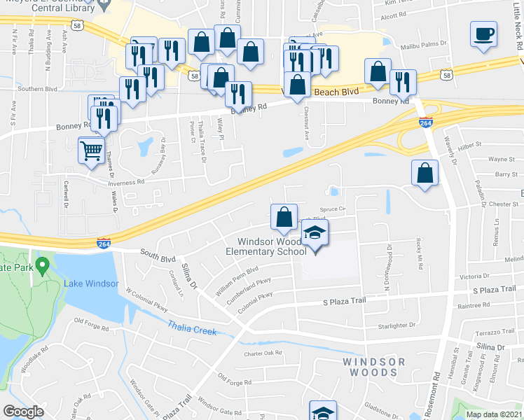 map of restaurants, bars, coffee shops, grocery stores, and more near 3704 North Berwick Court in Virginia Beach