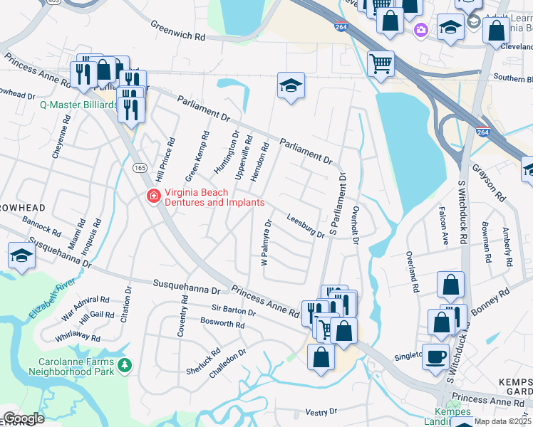 map of restaurants, bars, coffee shops, grocery stores, and more near 304 West Palmyra Drive in Virginia Beach