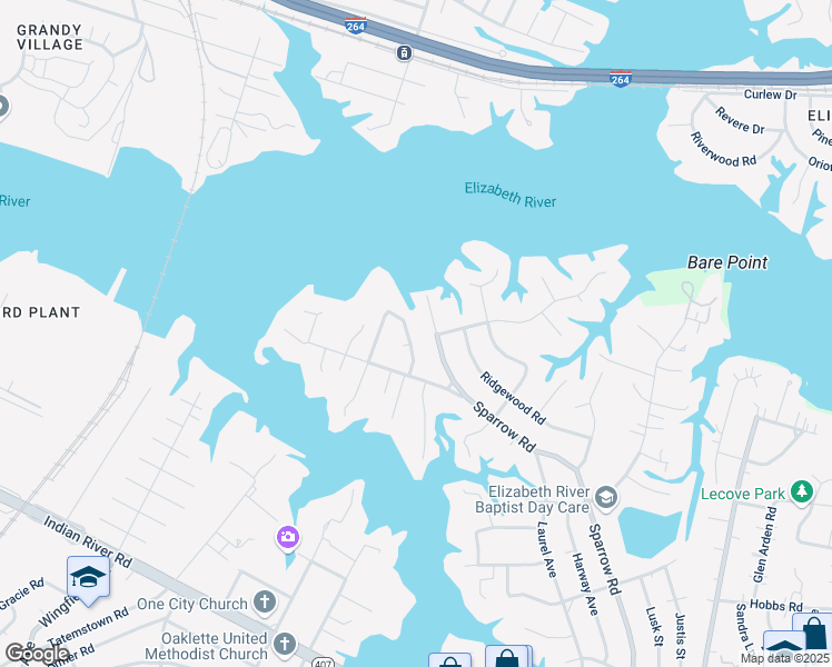 map of restaurants, bars, coffee shops, grocery stores, and more near 112 Rollingswood Road in Chesapeake