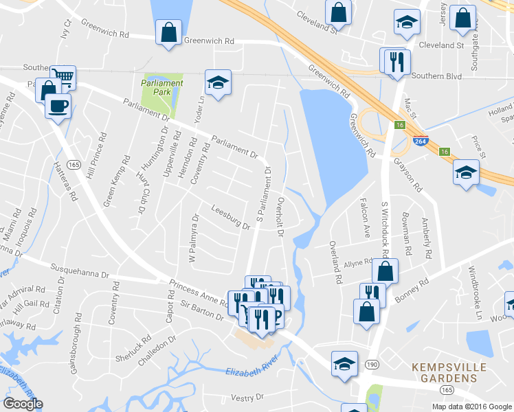 map of restaurants, bars, coffee shops, grocery stores, and more near 237 South Parliament Drive in Virginia Beach