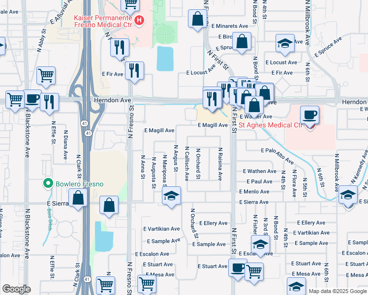 map of restaurants, bars, coffee shops, grocery stores, and more near 6605 North Callisch Avenue in Fresno