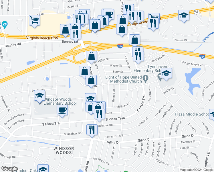 map of restaurants, bars, coffee shops, grocery stores, and more near 201 Paladin Drive in Virginia Beach