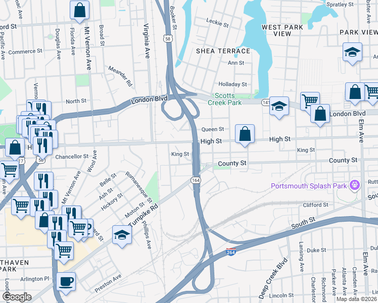 map of restaurants, bars, coffee shops, grocery stores, and more near 2208 King Street in Portsmouth