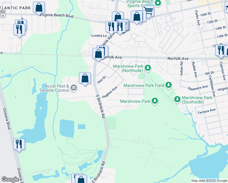 map of restaurants, bars, coffee shops, grocery stores, and more near 144 Hughes Avenue in Virginia Beach