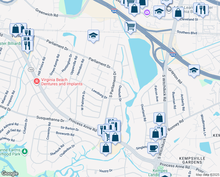 map of restaurants, bars, coffee shops, grocery stores, and more near 237 South Parliament Drive in Virginia Beach