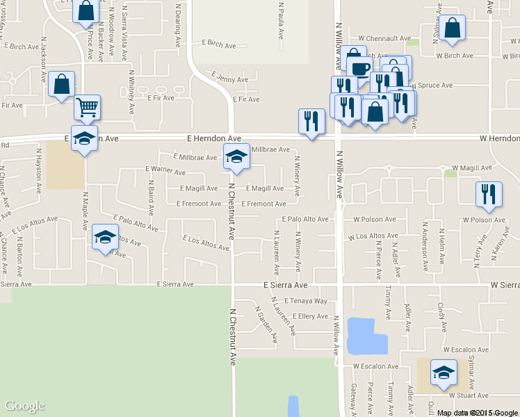 map of restaurants, bars, coffee shops, grocery stores, and more near 3091 East Fremont Avenue in Fresno
