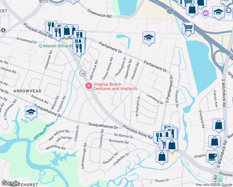 map of restaurants, bars, coffee shops, grocery stores, and more near 5434 Hunt Club Drive in Virginia Beach