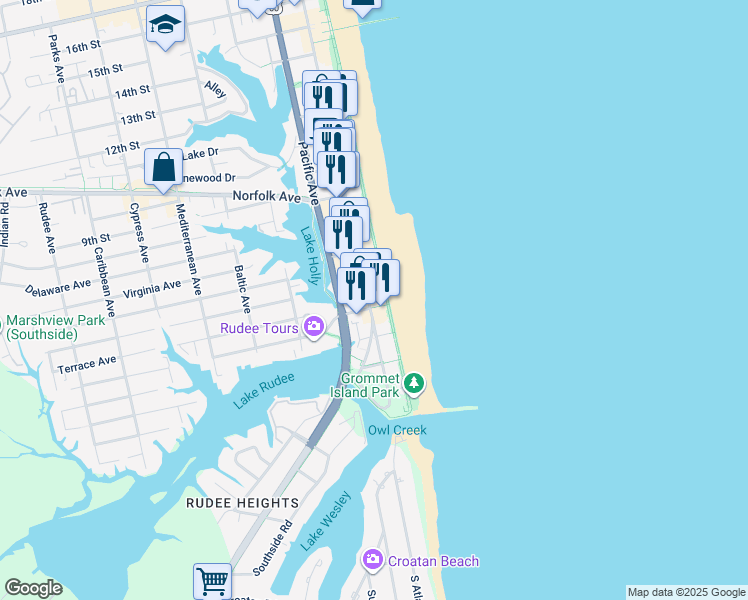 map of restaurants, bars, coffee shops, grocery stores, and more near 501 Atlantic Avenue in Virginia Beach