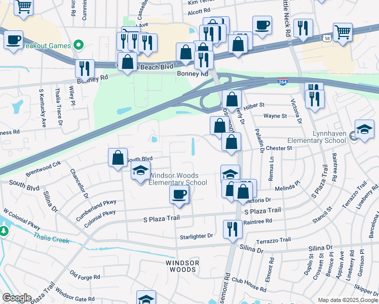 map of restaurants, bars, coffee shops, grocery stores, and more near 3700 Bentley Gate Way in Virginia Beach