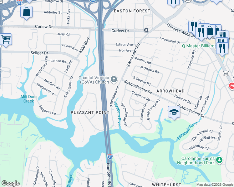 map of restaurants, bars, coffee shops, grocery stores, and more near 320 South Newtown Road in Virginia Beach