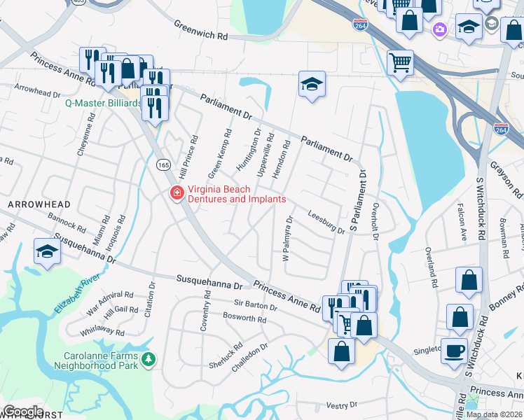 map of restaurants, bars, coffee shops, grocery stores, and more near 217 Coventry Road in Virginia Beach