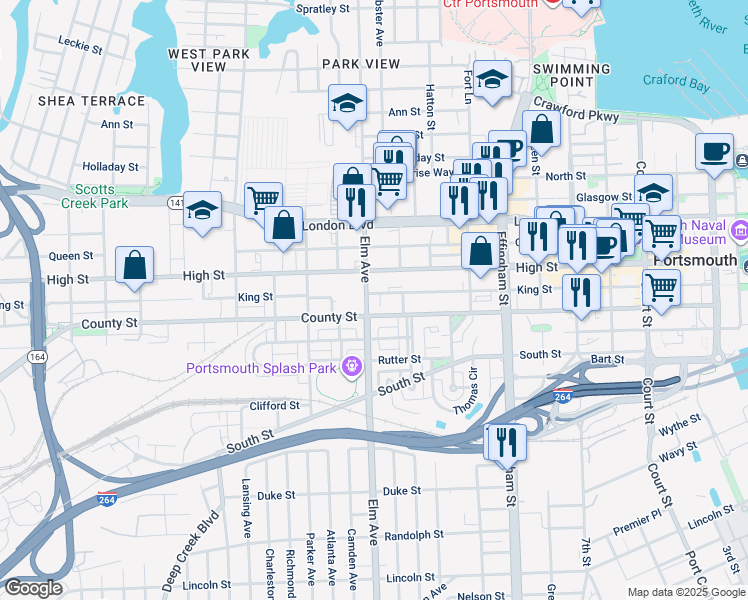 map of restaurants, bars, coffee shops, grocery stores, and more near 601 Elm Avenue in Portsmouth