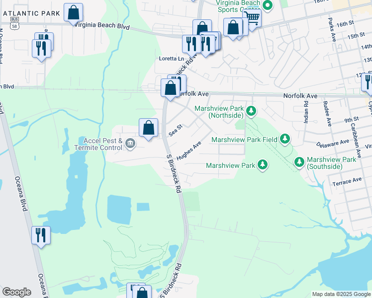 map of restaurants, bars, coffee shops, grocery stores, and more near 161 Hughes Avenue in Virginia Beach