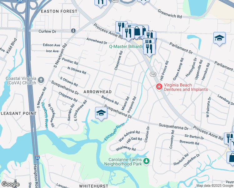 map of restaurants, bars, coffee shops, grocery stores, and more near 5641 South Pawnee Road in Virginia Beach