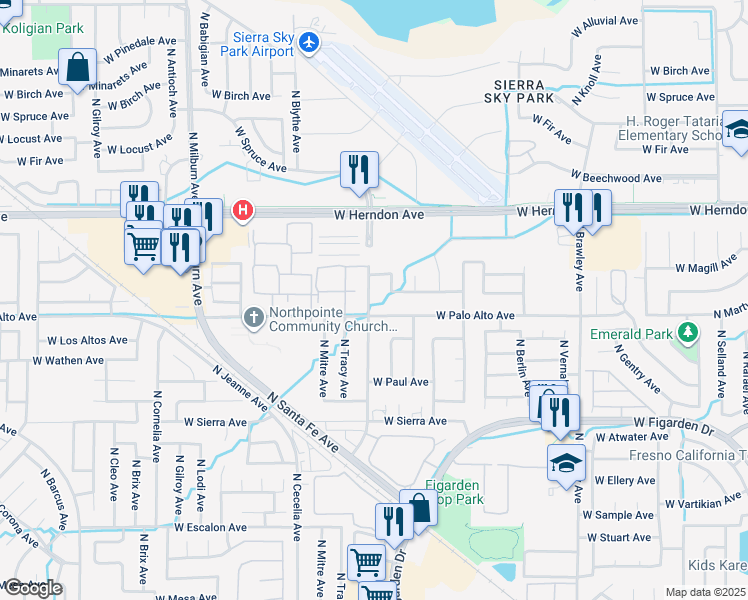 map of restaurants, bars, coffee shops, grocery stores, and more near 6620 North Blythe Avenue in Fresno