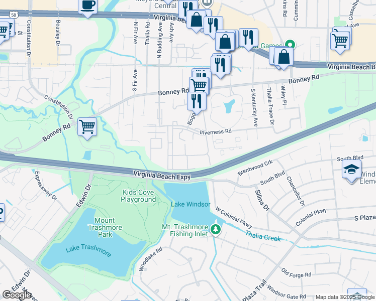 map of restaurants, bars, coffee shops, grocery stores, and more near 108 Lancaster Court in Virginia Beach
