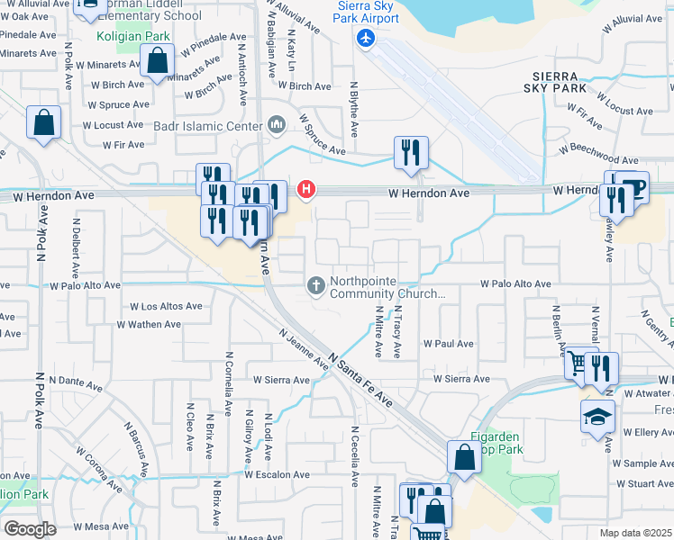 map of restaurants, bars, coffee shops, grocery stores, and more near 4504 West Palo Alto Avenue in Fresno